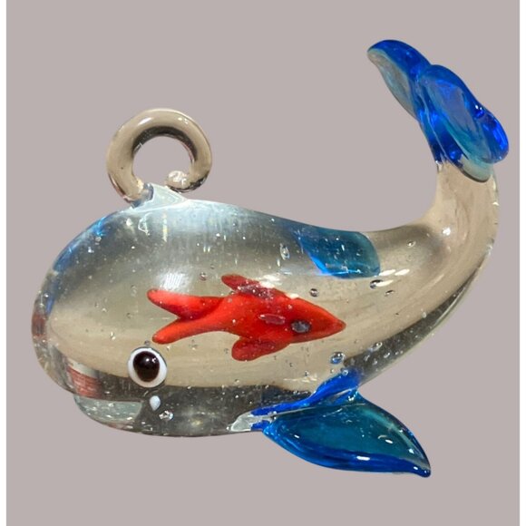 Handcrafted Glass Whale Figurine Ornament With Red Fish - Picture 1 of 9